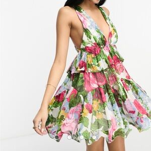 NWT ASOS DESIGN Floral Plunge Mini Dress | Sz 4 | Pleated Tiers, Ruffles